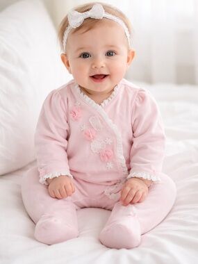 Little Me Baby Girls Flowers Pink Velour Footed Coverall 3 Months